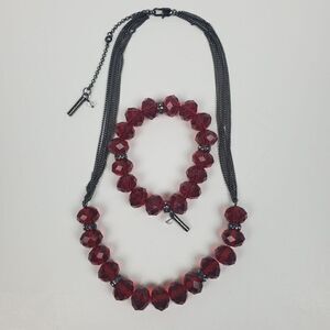 Kenneth Cole Red Chunky Glass Bead Clear Rondelle Gunmetal Necklace Bracelet Set